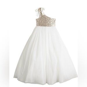 Cream and gold Poppies & Roses faux-fur trim one shoulder sequins dress